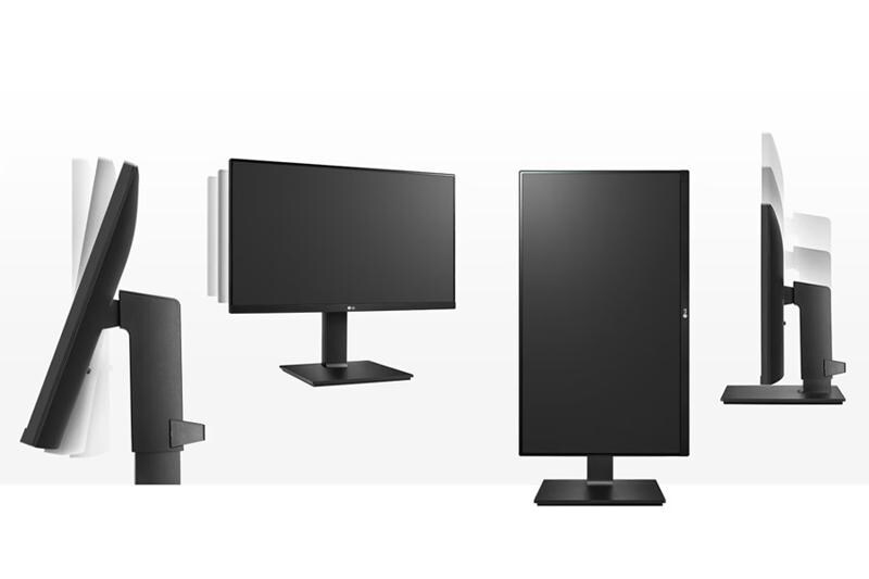 Four black monitors displayed in different angles and orientations.
