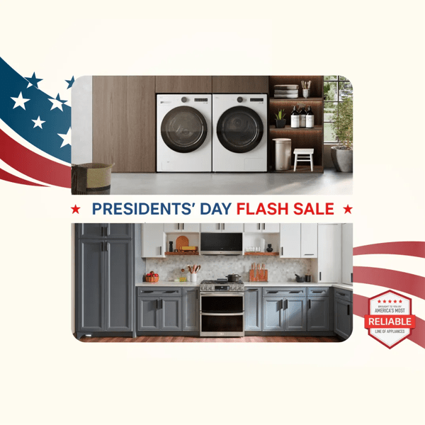 Presidents’ Day Flash sale banner featuring washer and dryer, kitchen with range and microwave, patriotic stars and stripes, and badge that says “Brought to you by America’s most reliable line appliances.”
