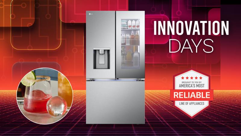 “Innovation days” title badge. A refrigerator appears on a red background. “America’s Most Reliable Line of Home appliances” badge. Pop-out of Craft Ice.