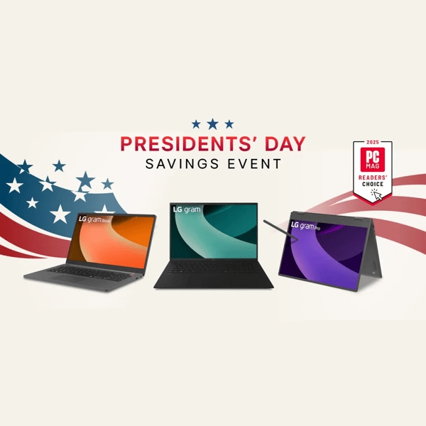 “Presidents’ Day Savings Event” title badge. Various LG Laptops appear on a stars and stripes background. “2025 PCMag Readers’ Choice” badge.