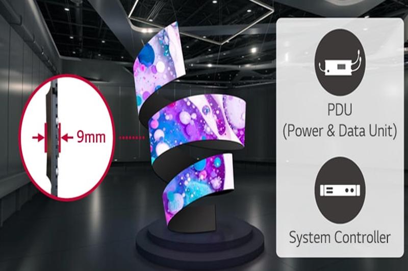 Curved LED display showing abstract patterns with icons for PDU and system controller.