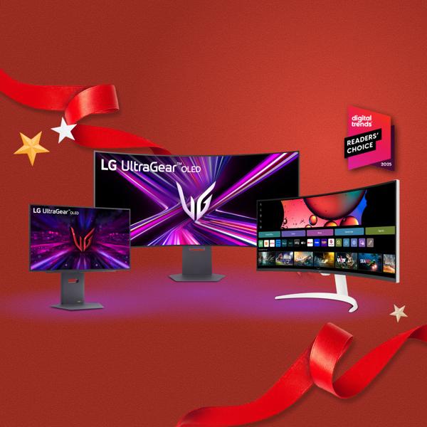 “It’s Gift Season” tag. Various LG electronics and holiday-themed items appear on a gift box collage layout. 