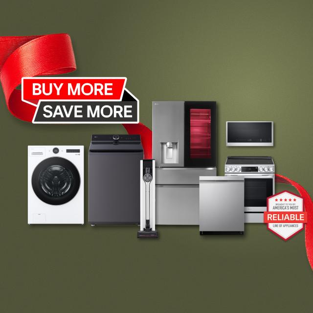 “Buy More, Save More” title badge. “It’s Gift Season” tag. Various LG home appliances appear in a gift box collage layout.  “America’s Most Reliable Line of Home Appliances” badge.