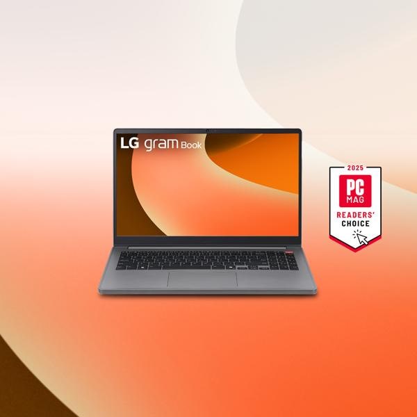 An LG gram Book laptop appears on an orange background. “2025 PC Mag Readers’ Choice” badge.