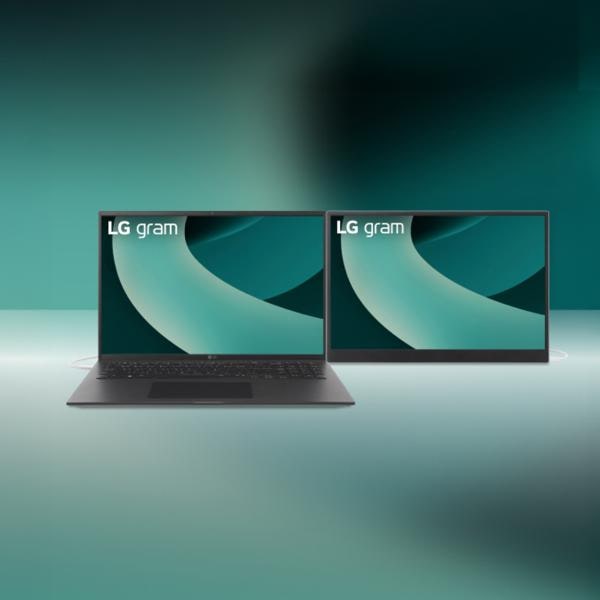 An LG gram +view monitor appears on a green background.
