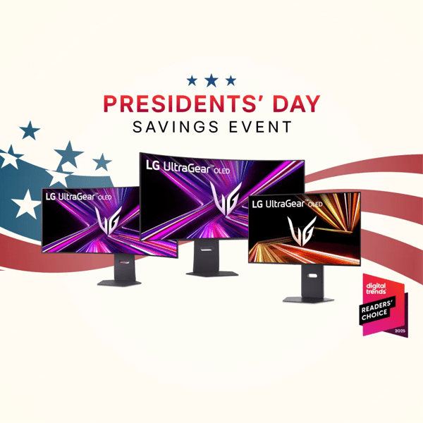 Presidents’ Day Savings Event banner with stars and flag backdrop, showcasing three UltraGear OLED displays. Next to it is a badge that says, “Digital Trends Readers’ Choice 2025.”