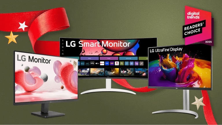 “It’s Gift Season” tag. Various LG electronics and holiday-themed items appear on a gift box collage layout. “Digital Trends Readers’ Choice Best Monitor Brand 2025” badge.