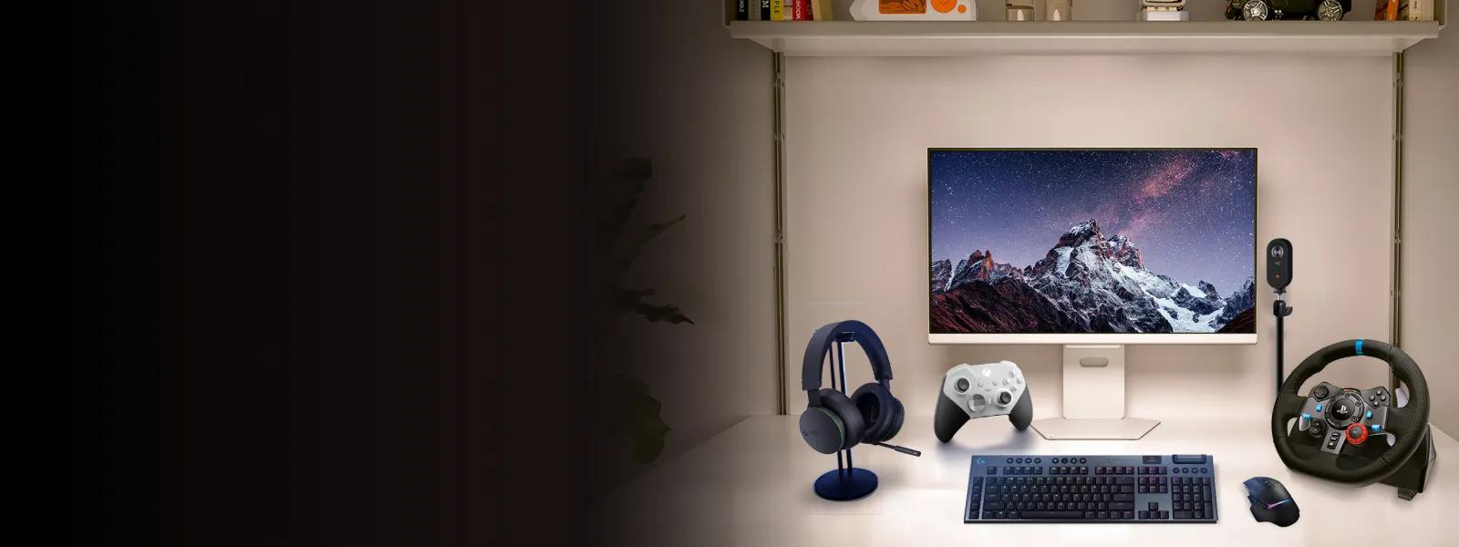 An LG Monitor appears on a pristine desktop along with an Xbox wireless controller and Headset and a Logitech Mouse and Keyboard. 