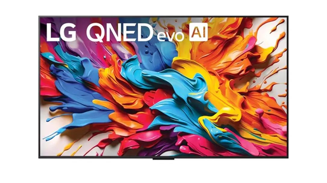 A front-facing image of an LG QNED evo 9MA showing a multicolored splash of paint on the screen.