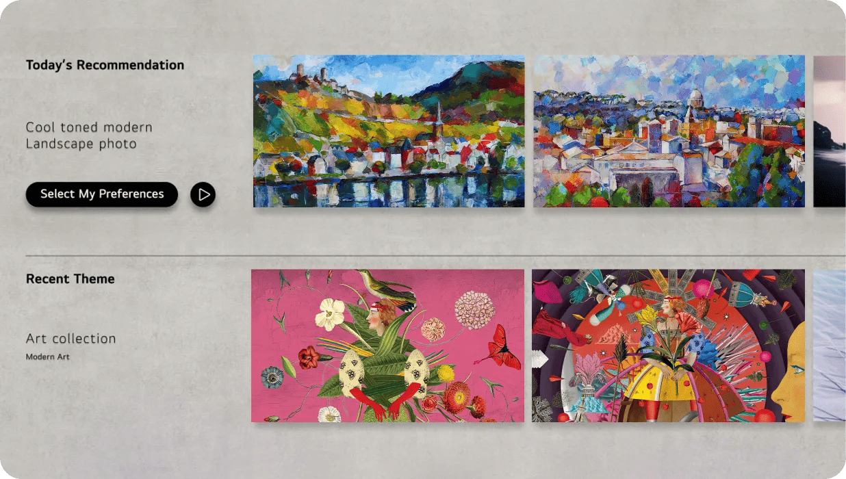 webOS Gallery Plus interface showing Today's Recommendation section with 'Cool toned modern Landscape photo' and a 'Select My Preferences' button, alongside colorful landscape paintings, and a Recent Theme section featuring 'Art collection' with 'Modern Art' subtitle displaying vibrant floral collage and carnival-themed artwork thumbnails.
