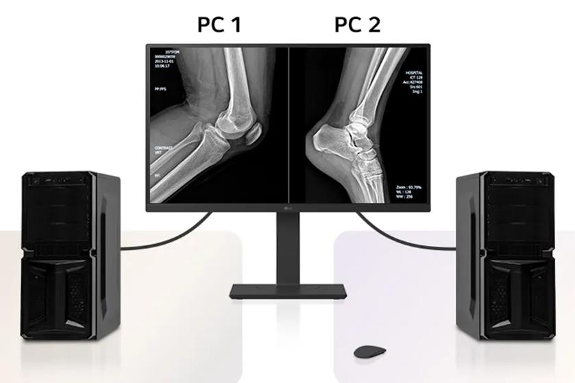 An image showing two PCs connected to a single monitor using Dual Controller and KVM Switch for seamless multitasking.