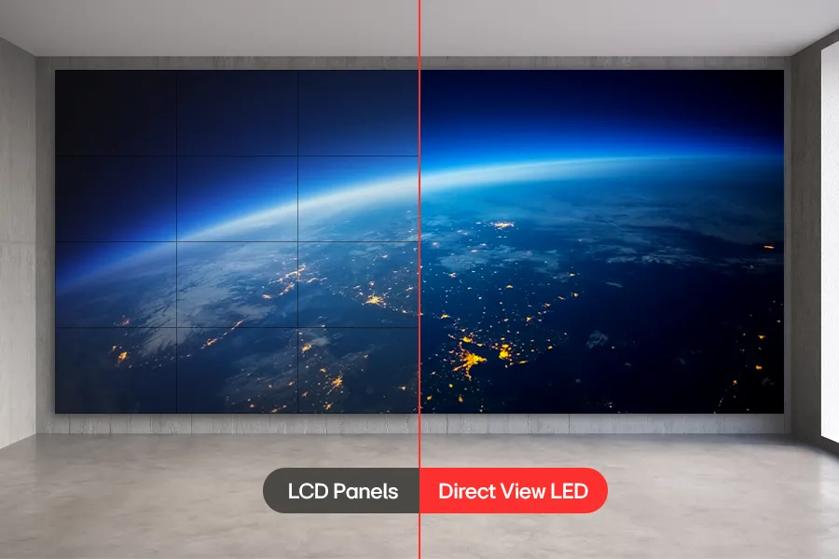 A wall with a large scale display showing the earth from space. The scene is divided with a red line, with the left labeled LCD Panels and the right labeled Direct View LED. The DVLED example has bolder colors, deeper contrast, and no bezels between the panels. 