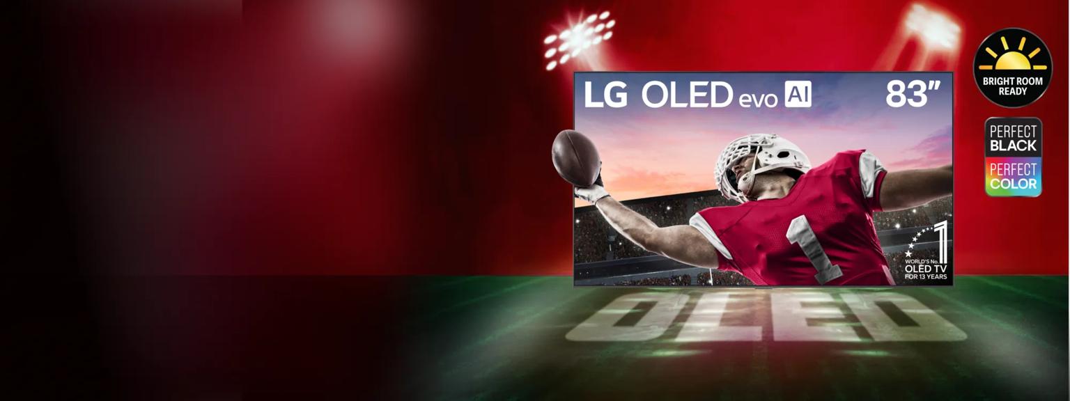 LG OLED TV on football field backdrop. Screen displays player catching football. “Bright Room Ready” badge. “Perfect Black, Perfect Color” badge. “OLED” text appears below.