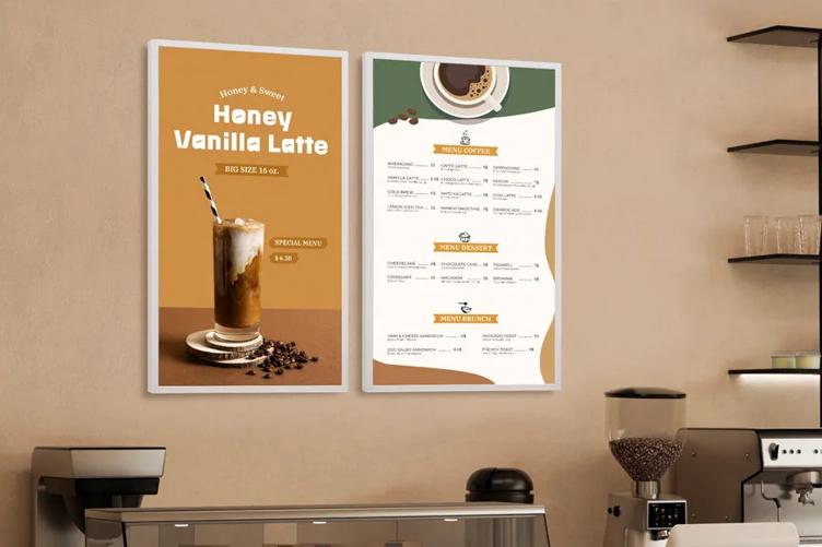 Two LG e-paper displays in a cafe setting