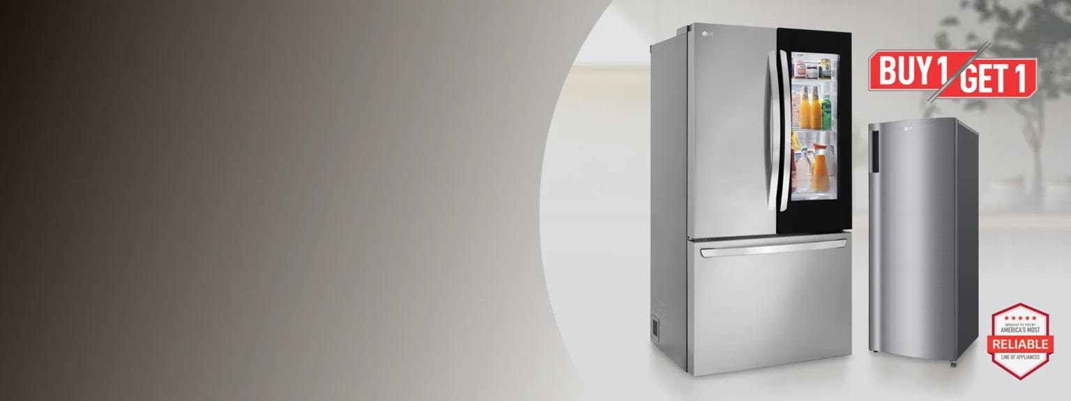 Buy 1, Get 1” title badge. A French Door and a single door refrigerator appear side-by-side.