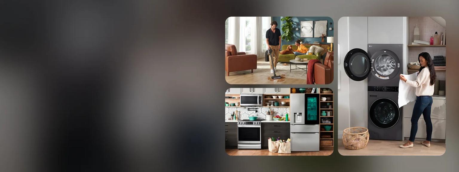 Various household scenes in collage form including a man vacuuming, a woman unloading laundry, and various LG appliances in kitchen setting. 