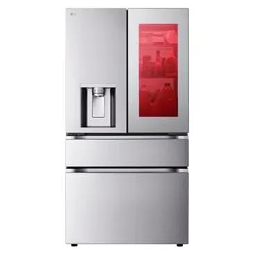 A badge next to this LG refrigerator says, Brought to you by America's most reliable line of appliances.