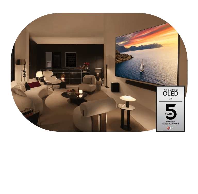 A wall-mounted TV in a living room. Premium OLED G4 5 Year Limited Panel Warranty badge.