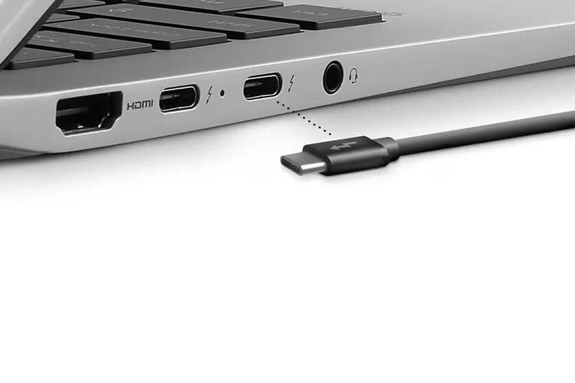 A close-up of the side of a mobile thin client showing the thunderbolt port.