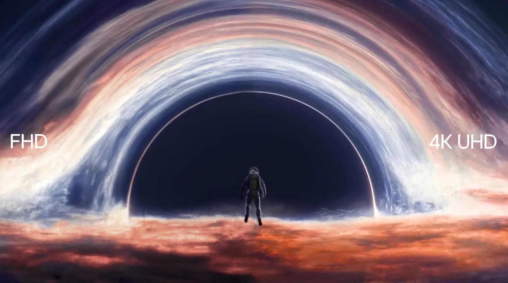 Dramatic image of an astronaut looking at the turbulent corona of a black hole. The image is split down the middle, with  left side labeled 'FHD' and less sharp and brillant as the right side, which is labeled '4K UHD.'