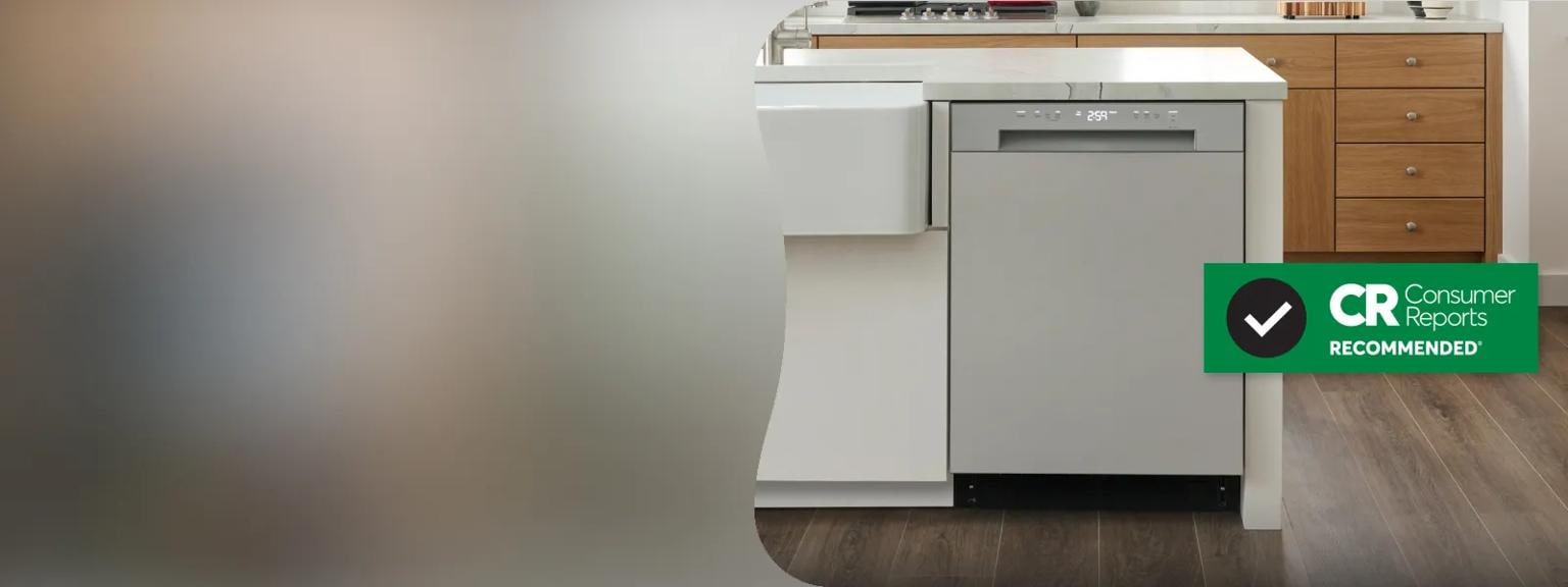 An LG dishwasher in a modern kitchen. A green badge says “Consumer Reports Recommended.”