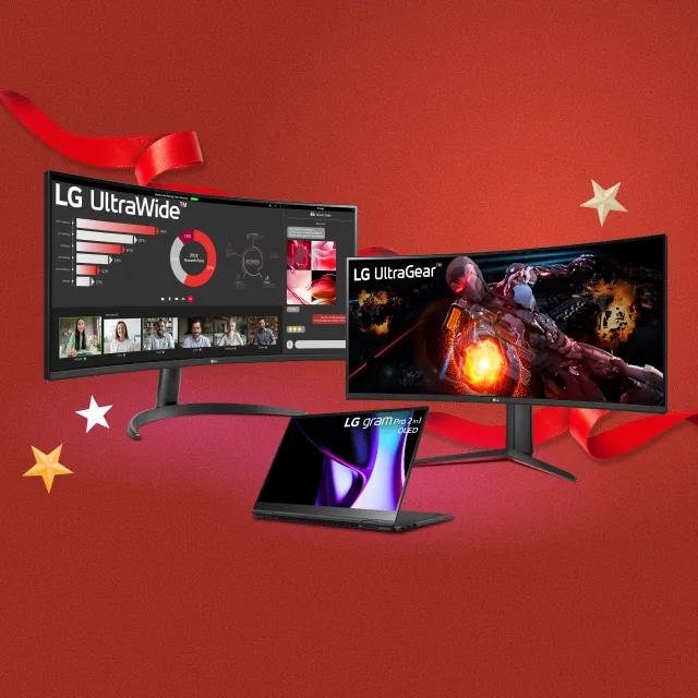 “It’s gift season” badge. Opened and unopened gift boxes appear in a cluster. Various boxes display LG Monitors and gram laptop.