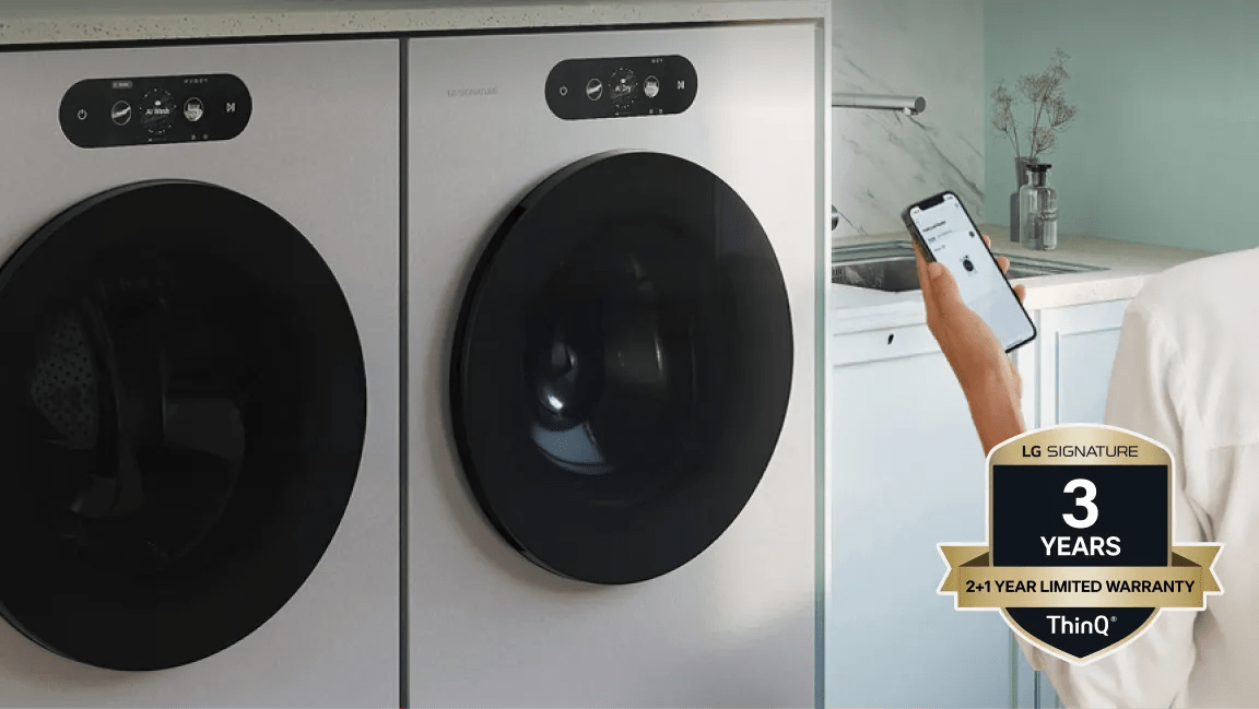 Various LG SIGNATURE appliances appear in various home settings. “3 Years Limited Warranty” badge.
