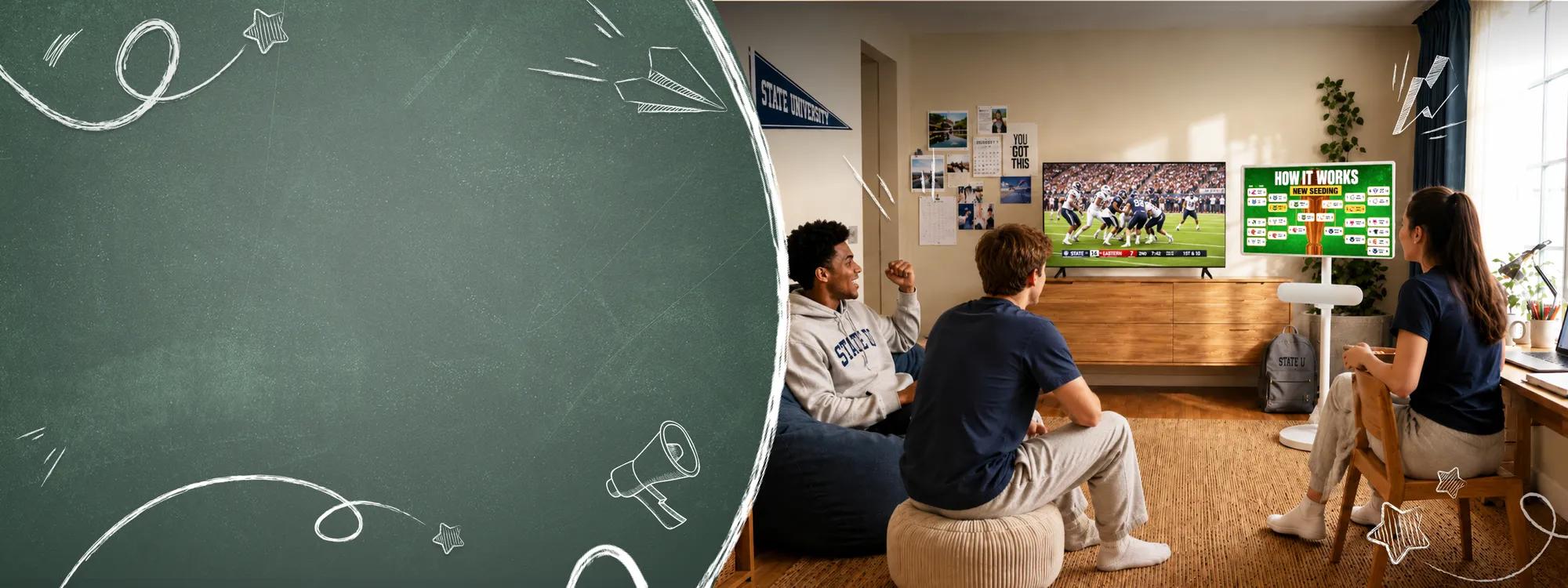 Three college students watching football on an LG TV and a smaller LG monitor on a stand in a dorm room, with a chalkboard and back-to-school doodles on the left.