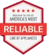 A red hexagonal badge reads 'Brought to you by American's Most Reliable Line of Appliances' with five red stars at the top.