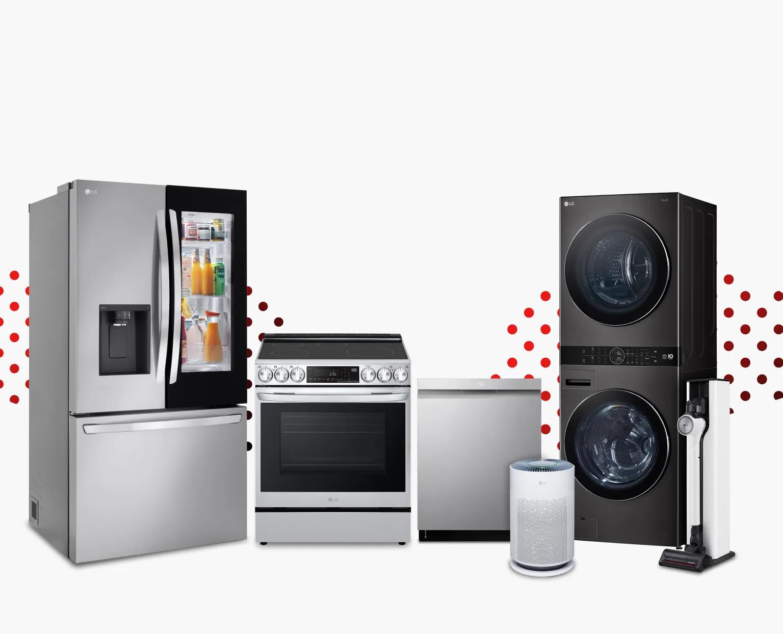 Mobile image of a collection of household appliances featuring a refrigerator, washer, dryer, oven, dishwasher, air purifier and vacuum arranged together in a modern setting.