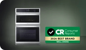 LG wall oven with built-in microwave combination unit, featuring Consumer Reports 2026 Best Brand Wall Ovens badge.