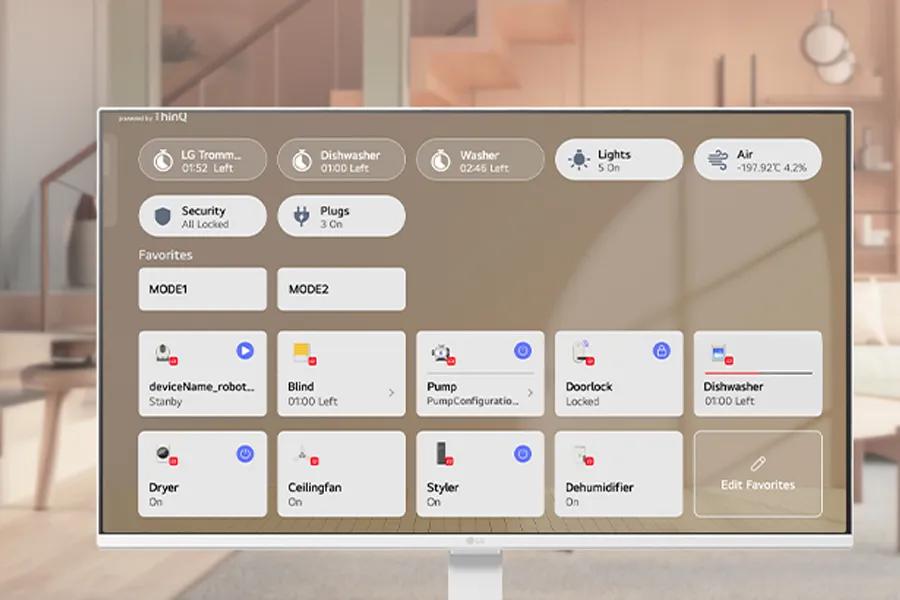 27U511SB-W LG Monitor displaying ThinQ Hub smart home control interface with connected appliances and device status
