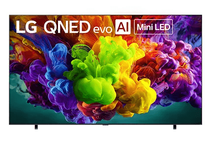 Vivid cloud of swirling colors on an LG QNED evo AI 92B screen.