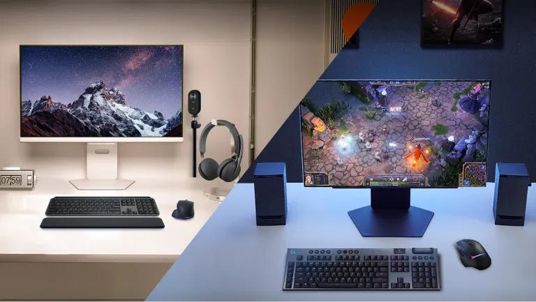 Split screen image shows 2 LG Monitors on different desktops, with one made for gaming and the other for work. Various Logitech accessories such as a mouse, keyboard and camera appear beside the monitors.