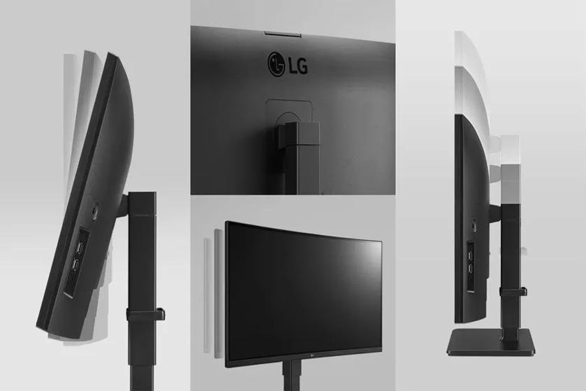 Curved LG monitor with side and back views, showing control ports and mount.