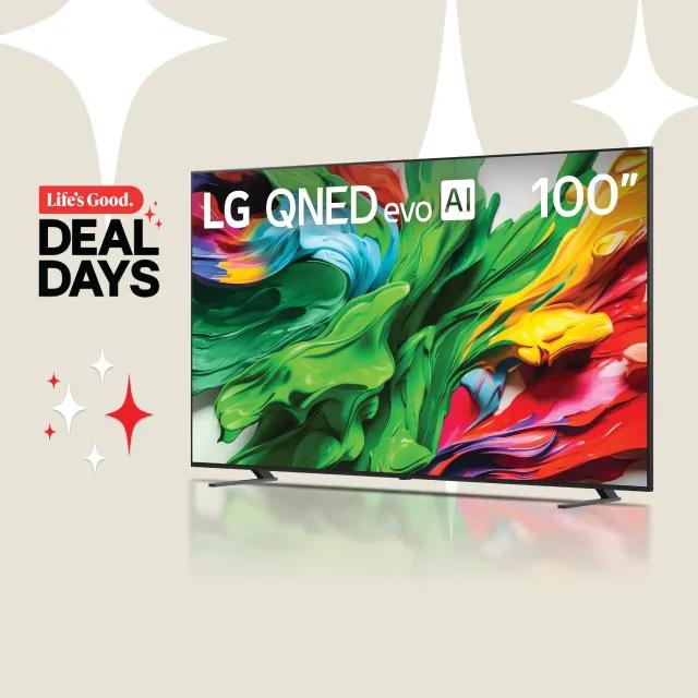 “Life’s Good Deal Days” title badge. QNED TV on beige background