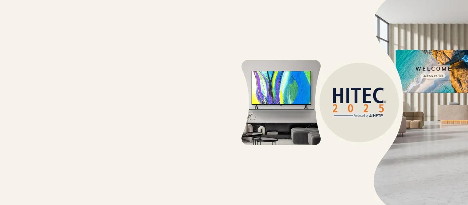 An LG OLED hospitality TV in a modern space. The HITEC 2025 show logo is next to it. Both images are on a cream background.