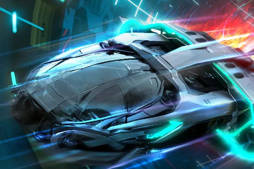 Futuristic silver car with neon blue accents, depicted in motion.