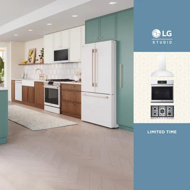 LG STUDIO appliances in a bright kitchen setting. Pop-out of a wall oven, range and hood with text reading “Limited Time” below.