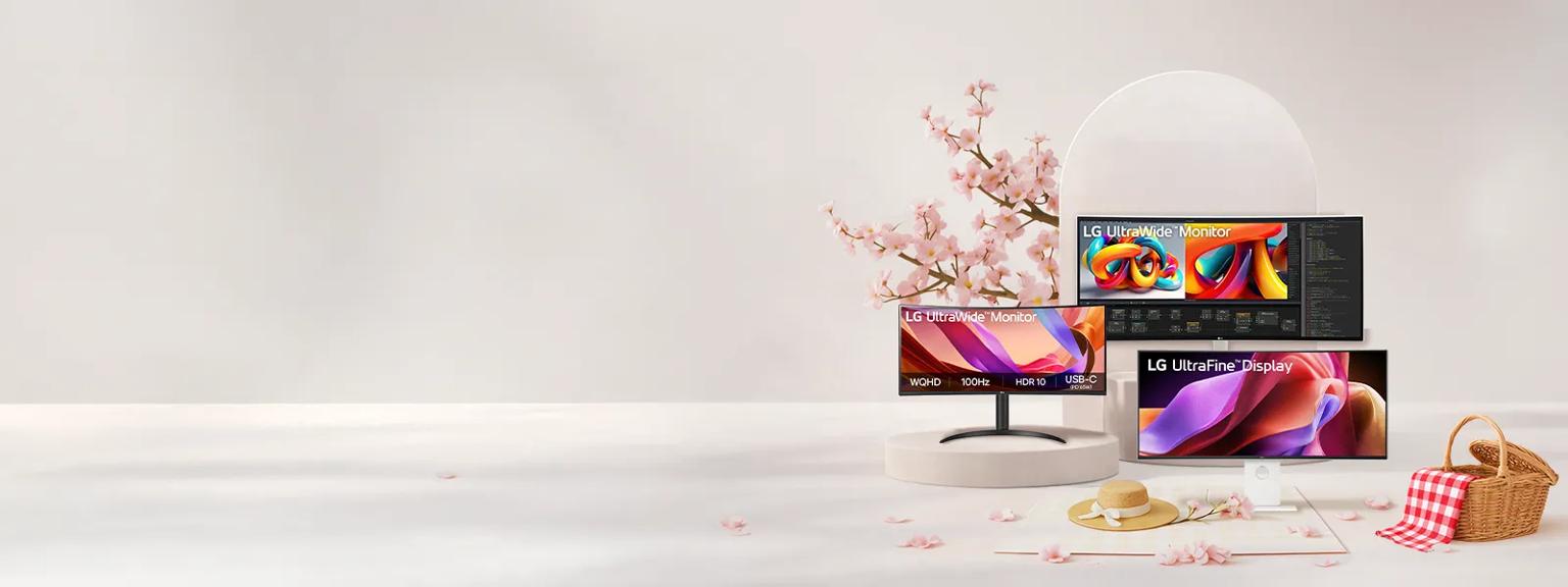 Minimalist picnic scene featuring warm beige pedestals with LG on them