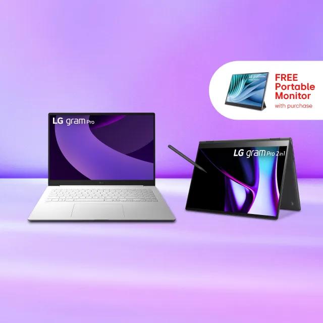 An LG gram Pro and LG gram Pro 2 in 1 laptop. Text reading “Free portable monitor” appears above.