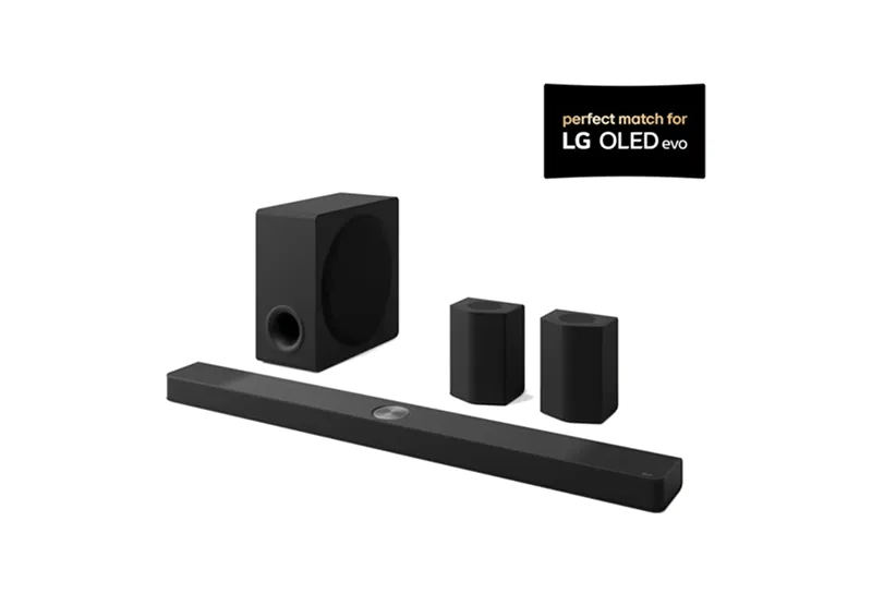 Image of LG Soundbar S95AR with subwoofer and rear speakers on a white background.