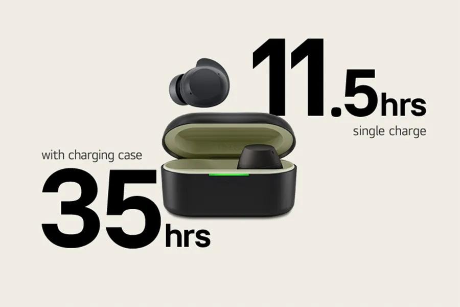 Image of 1 earbud outside of the case along with the 35 hour battery life