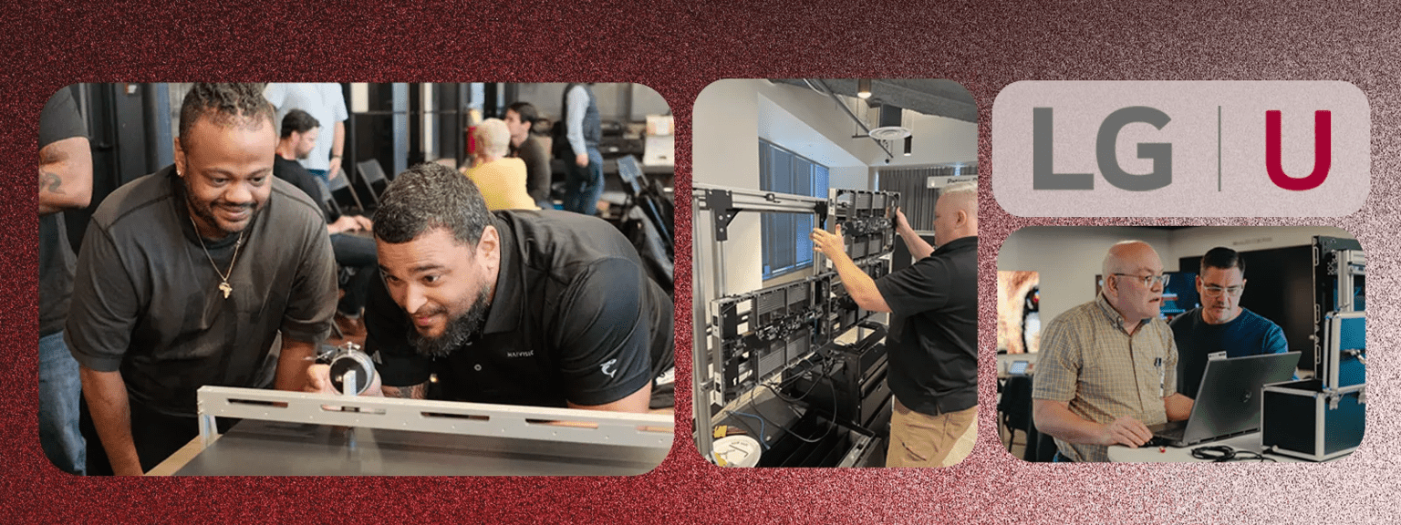 Collage of people working with technology alongside the "LG U" logo on a red textured background.