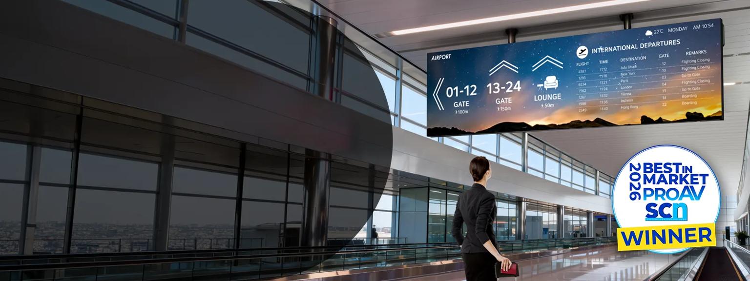 LG LUPA DVLED in an airport setting, with ProAV Winner badge