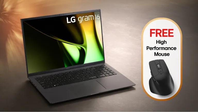 LG gram 16 laptop alongside a promotional badge that reads 'FREE High Performance Mouse' and shows a black ergonomic mouse