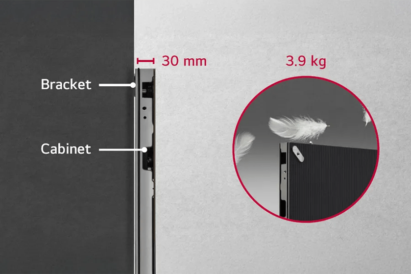 Side view of a cabinet and bracket with a 30 mm measurement and a feather indicating lightweight design.