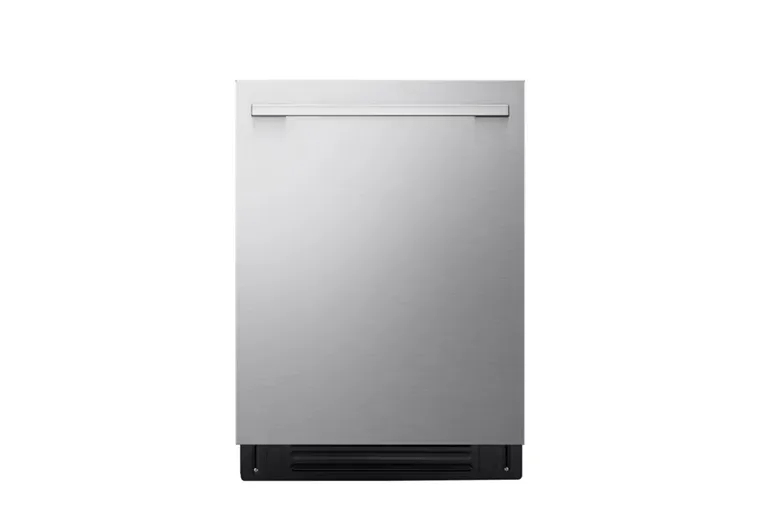 A front-facing image of an LG LDNTM545S top control dishwasher.