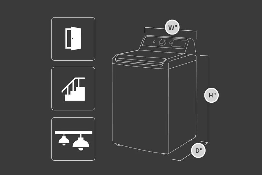 Top load laundry appliance depicting width, height, and depth measurements.