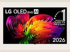 The front view of LG OLED evo AI W6 Wallpaper TV features its clean Wallpaper design, while a dynamic abstract composition of wave-like color gradients in vivid multicolors flows seamlessly across the screen.